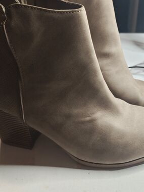 Women's Taupe Suede-Look Ankle Bootie with Block Heel